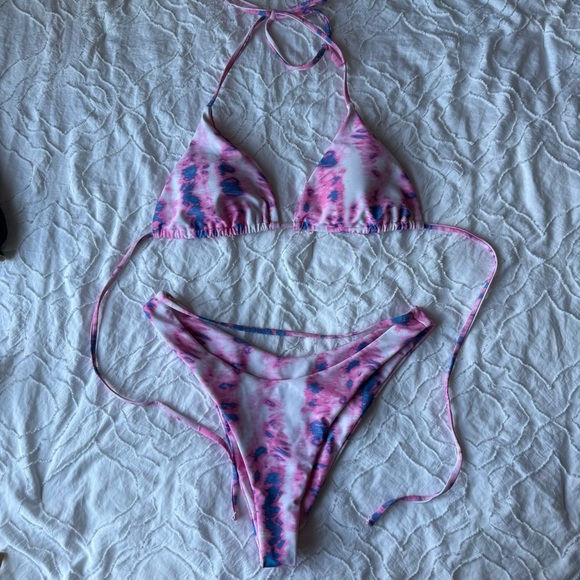 SHEIN Navy with Tan String and Tie-Dye Pink and Purple Bikini Bundle of 2 - Picture 2 of 13